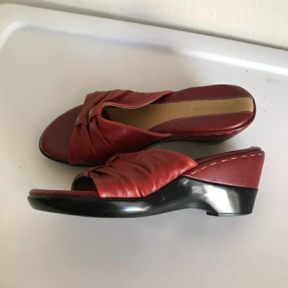 Hush Puppies Open Toe Red Leather Wedge Slides Size 8 - Picture 4 of 6